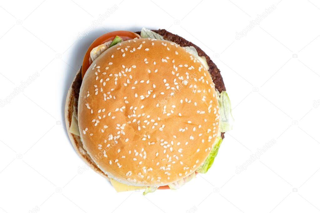 Burger top view on a white background. Isolated. Close up.