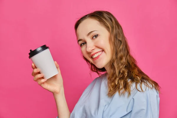 Stylish Caucasian Girl Pale Blue Shirt Offers Take Coffee You — Stock Photo, Image