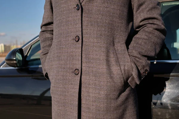 Man Coat Standing Car Close — Stock Photo, Image