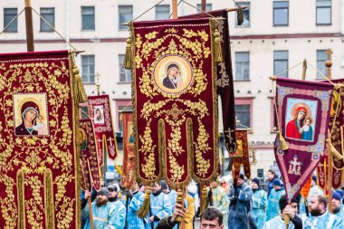 RUSSIA, ST.PETERSBURG - February 16, 2020: Orthodox priests with icons are religious procession. Close up.