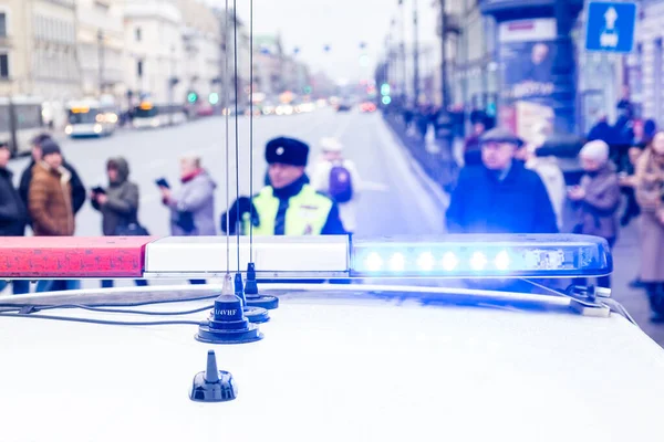 Russia Petersburg February 2020 Policeman Regulates Movement Police Car Close — Stock Photo, Image