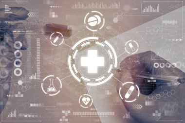 Genel tedavi kavramı. Bulanık bir zemin üzerinde, elleri eldivende, test tüpü kağıdında olan soyut tıp simgeleri. Kapatın. Ton halinde. Bulanık.