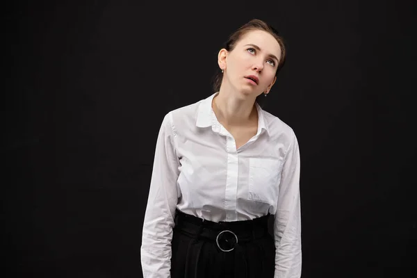 Girl White Shirt Black Background Very Tired Workaholic Close Stock Image