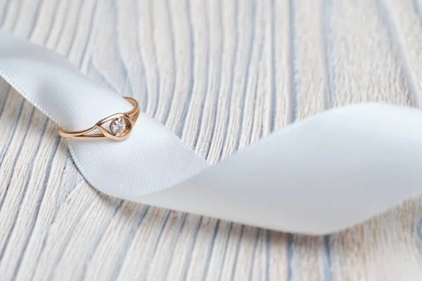 Wedding Ring White Ribbon Wooden Table Close — Stock Photo, Image