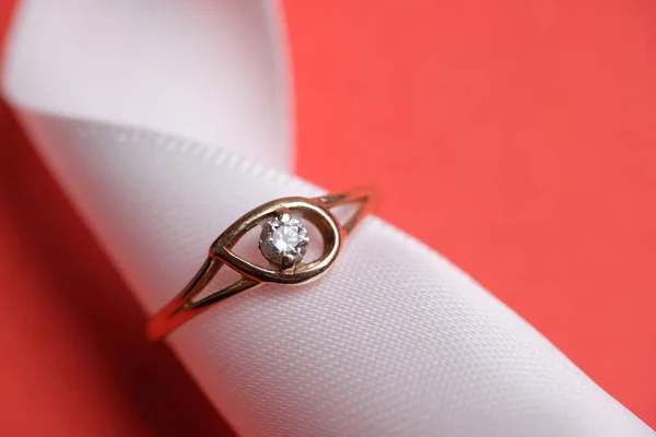 Wedding Ring White Ribbon Red Background Close — Stock Photo, Image