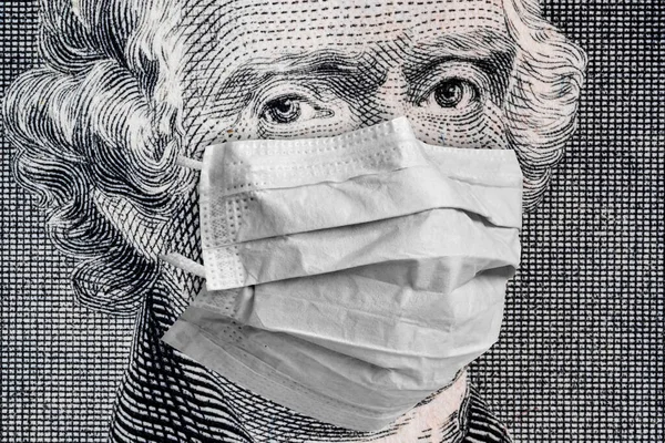 Retrato Thomas Jefferson Close Nota Dólares Uma Máscara Médica Fechar — Fotografia de Stock