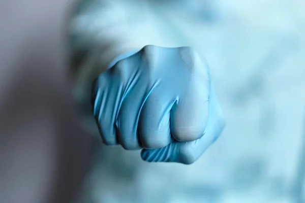 Doctor Blue Medical Gloves Shows Fist Symbol Fight Diseases Viruses — Stock Photo, Image