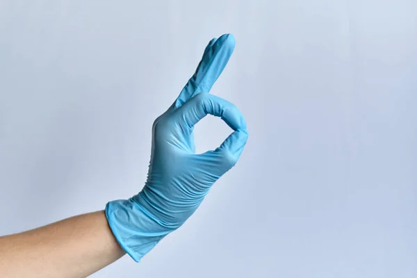 Hand Medical Blue Glove White Background Shows Good Signal Close — Stock Photo, Image