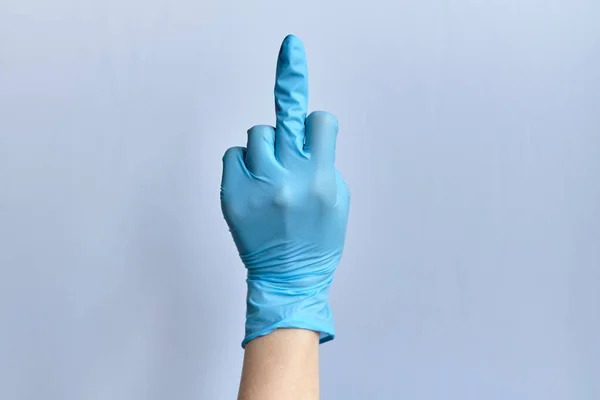 Hand Medical Blue Glove White Background Shows Middle Finger Hand — Stock Photo, Image