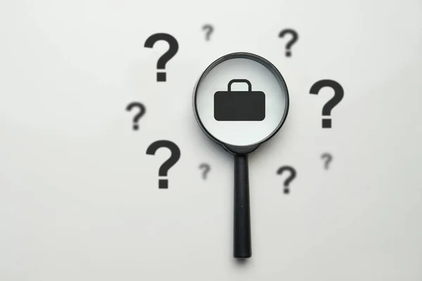 Job Search Concept Magnifying Glass Case Question Marks Close — Stock Photo, Image