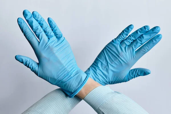 Abstract Stop Sign Hands Medical Gloves Close — Stock Photo, Image