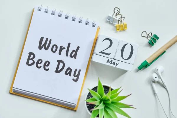 Tjugonde World Bee Dag Maj Månad Kalender Koncept Träklossar Närbild — Stockfoto