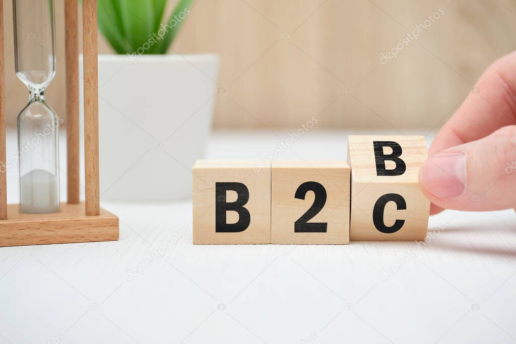 Business model concept b2b and b2c on wooden blocks. Close up.