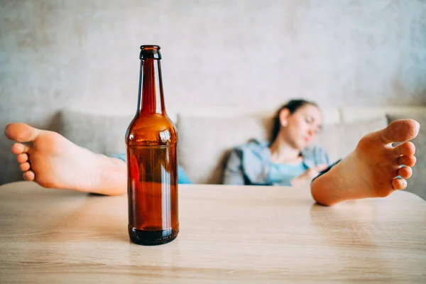 Concept Alcoholism Girl Sleeps Throwing Legs Table Close — Stock Photo, Image