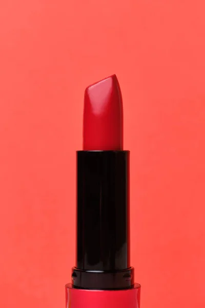 Red Lipstick Red Background Close — Stock Photo, Image