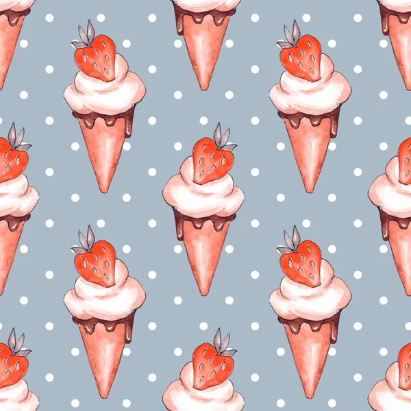 Ice cream and strawberry. Seamless pattern