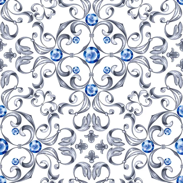 Seamless baroque pattern with decorative silver leaves