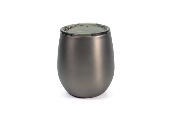 The close up of Titanium gray tumbler cup with plastic cap on white background.