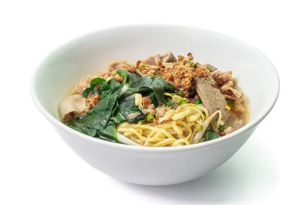 Zbliżenie Thai Tom Yum Spicy Noodle Bluszczem Dyni Liście Białej Zdjęcie Stockowe