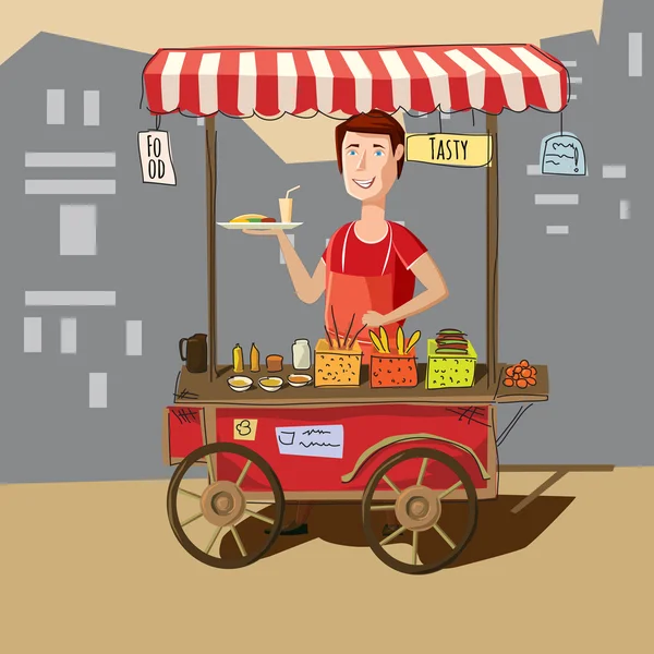 Utcai élelmiszer, teherautó, utcai árust, rajzfilm stílusú, vektoros illusztráció — Stock Vector
