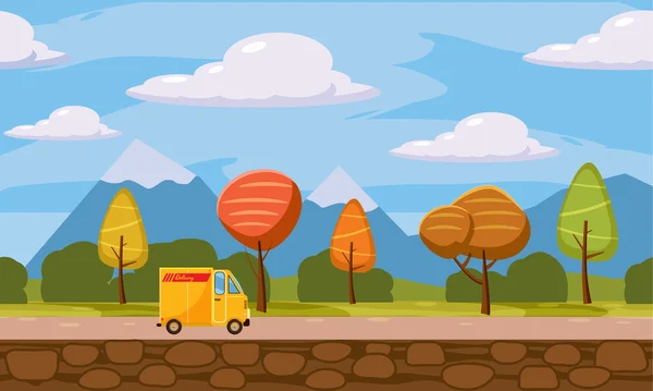 Entrega, transporte, camión, paisaje de otoño, estilo de dibujos animados, árboles, nubes, tierra, ilustración de vectores — Vector de stock