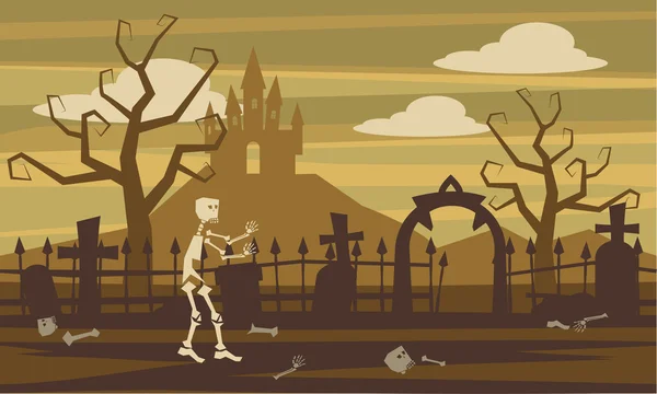 Illusztráció a Halloween éjszaka a temetőben, a múmia és a repülő boszorkány — Stock Vector