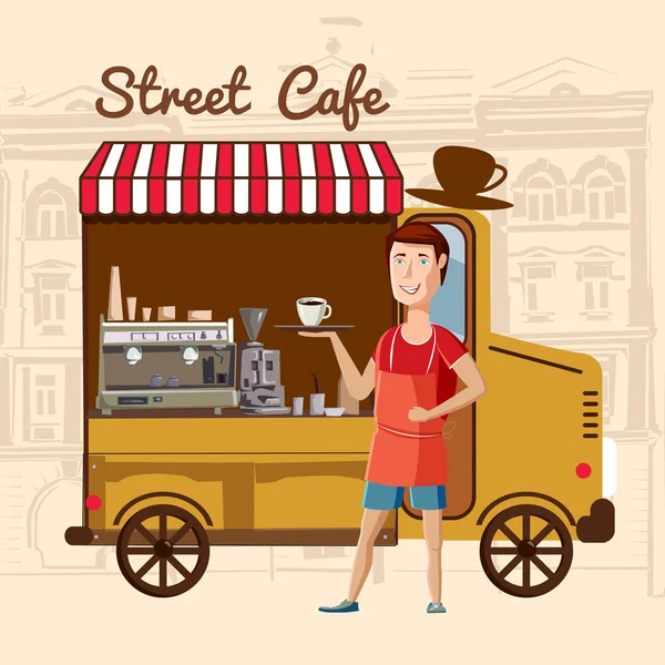 Utcai kávézó, kávé busz barista városában, rajzfilm vektoros illusztráció — Stock Vector