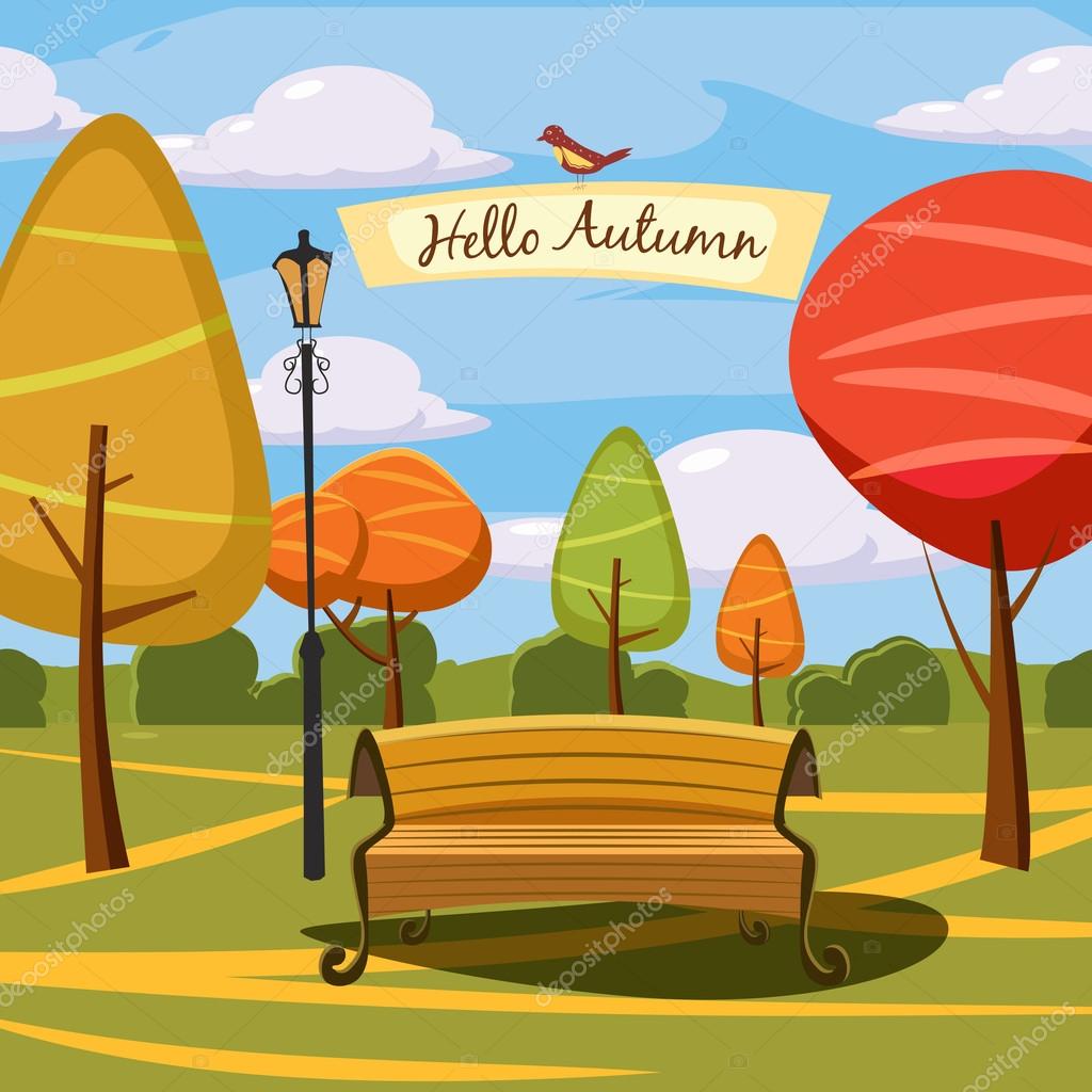 Animado: paisaje parque | Hola otoño, parque, paisaje, estilo, dibujos animados, árboles, nubes ...
