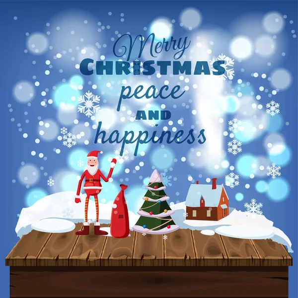 Милые рождественские открытки, деревянный стол покрытый снегом, Санта-Клаус с мешком подарков, дом отдыха, стиль мультфильма, векторная иллюстрация — стоковый вектор