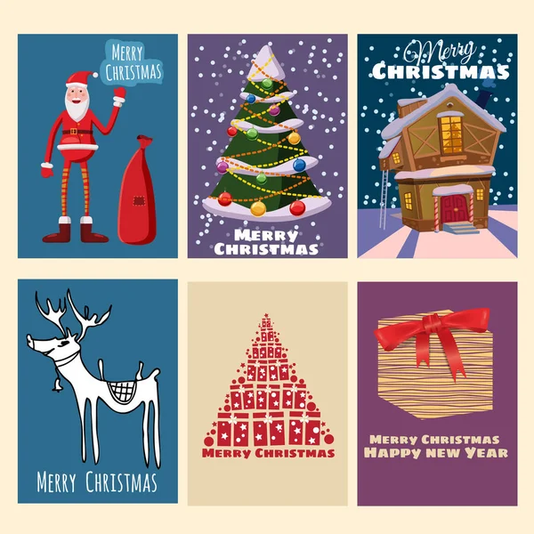 Set mooie kerst groet, gelukkig Nieuwjaar, kaart, Kerstman met een zak van giften, een kerstboom, een landhuis, herten, geschenken, Cartoon stijl, vector illustratie — Stockvector