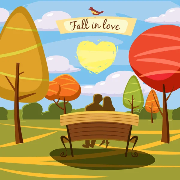 Ciao autunno, parco, paesaggio, stile, cartone animato, alberi, nuvole, panchina, illustrazione vettoriale — Vettoriale Stock