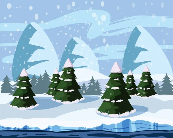 Winterlandschap met bergen, bomen, rivier, cartoon stijl, vector illustratie — Stockvector