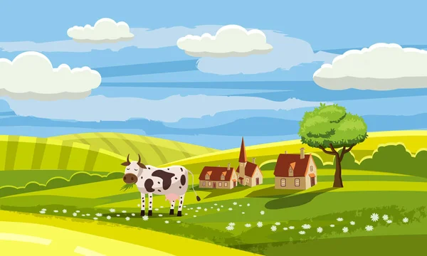 Beau paysage rural champêtre, pâturage des vaches, ferme, fleurs, pâturage, Cartoon style, illustration vectorielle — Image vectorielle