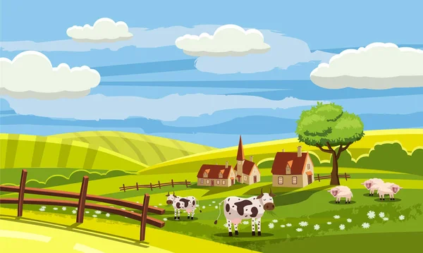 Paisagem rural encantadora do país, pastoreio de vaca, fazenda, flores, pasto, Estilo dos desenhos animados, ilustração vetorial — Vetor de Stock