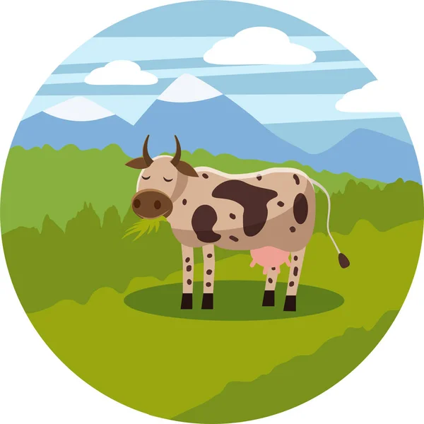 Une vache broute dans une prairie mangeant de l'herbe dans un paysage, Cartoon style, illustration vectorielle — Image vectorielle