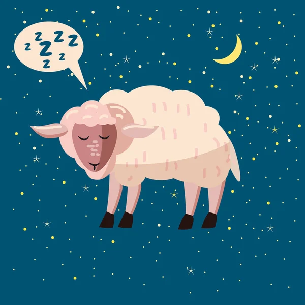 Овцы спят, огни, звезды, луна, стиль мультфильма, векторная иллюстрация — стоковый вектор