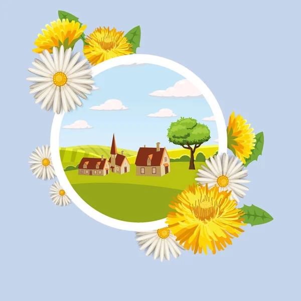 Tarjeta, granja, vaca. Paisaje rural, flores de primavera, dientes de león, manzanillas, estilo de dibujos animados, aislado, vector, ilustración — Vector de stock