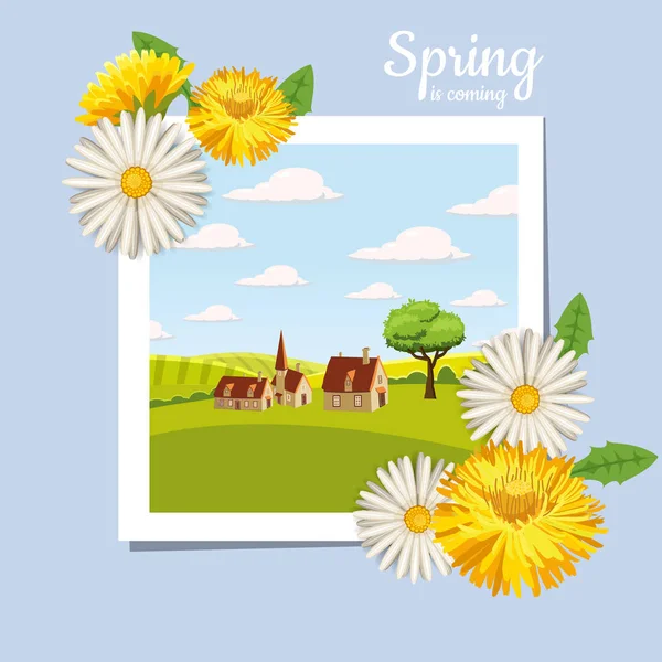 Tarjeta, granja, vaca. Paisaje rural, flores de primavera, dientes de león, manzanillas, estilo de dibujos animados, aislado, vector, ilustración — Vector de stock