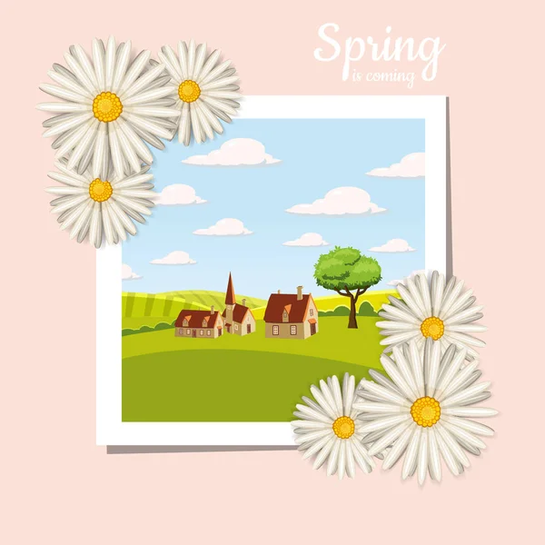 Card, farm, cow. Landscape countryside, spring flowers, dandelions, chamomiles, cartoon style, isolated, vector, illustration