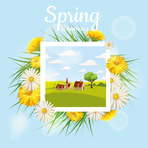 Card, farm, cow. Landscape countryside, spring flowers, dandelions, chamomiles, cartoon style, isolated, vector, illustration — Stock Vector