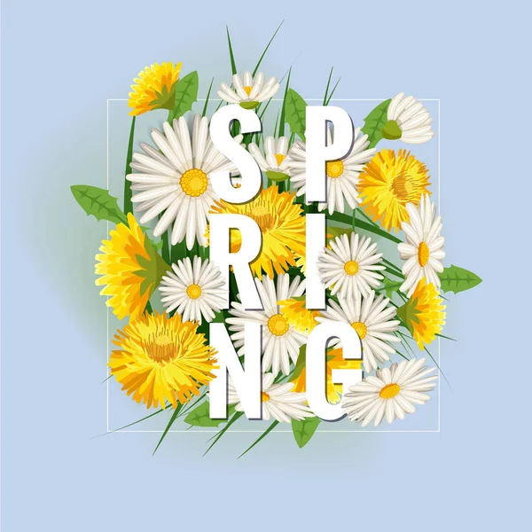 Fresh spring background with grass, dandelions and daisies — Stock Vector