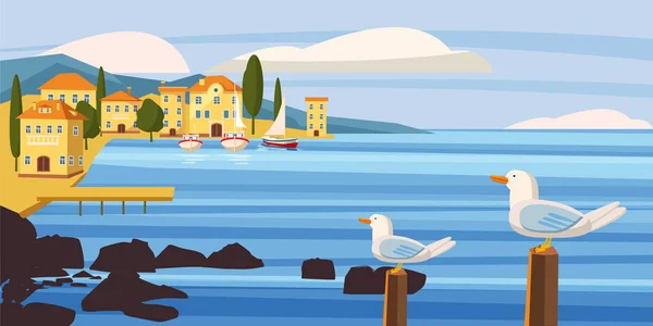 Seascape, kuststad, seagull, havet, segelbåt, hav, kartong stil, vektor, illustration — Stock vektor