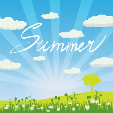 Bir izole ot, papatya çiçekleri gökyüzü, bulutlar, afiş, arka plan, vektör, resimde çizilmiş yazı yaz