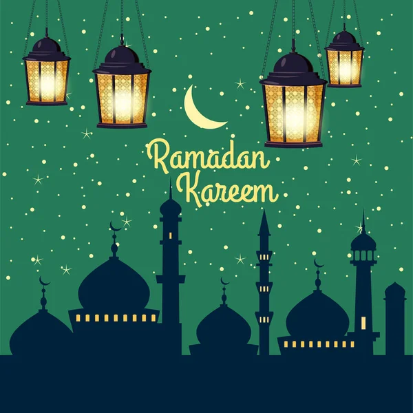 Ramadan Kareem Hintergrund Silhouetten der Moschee heller Mond, Nacht, Sternenhimmel, Laternen, Postkarte, Vektor, isoliert, Illustration — Stockvektor