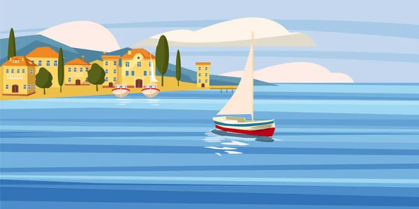 Bela paisagem marinha, cidade do sul pelo mar, casas, desenhos animados, barcos, vetor, ilustração — Vetor de Stock