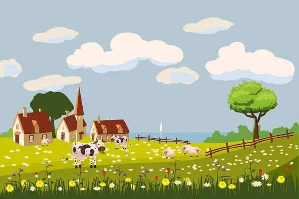 Paisaje rural encantador, pastoreo de vacas, granja, flores, pasto, estilo de dibujos animados, ilustración de vectores — Vector de stock