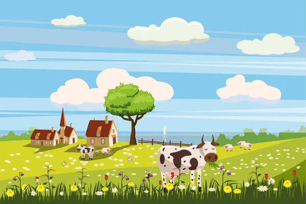 Paisaje rural encantador, pastoreo de vacas, granja, flores, pasto, estilo de dibujos animados, ilustración de vectores — Vector de stock