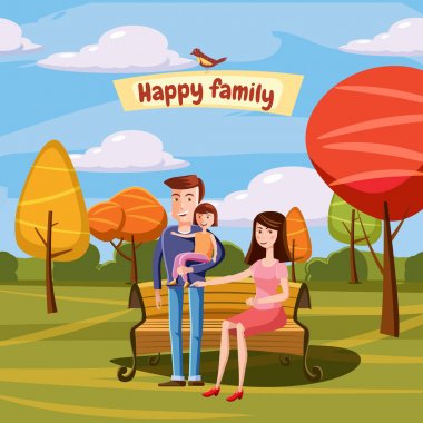 Mutlu aile parkı, Sonbahar, anne, baba, kız onun silah, vektör, çizgi film, afiş, illüstrasyon stil