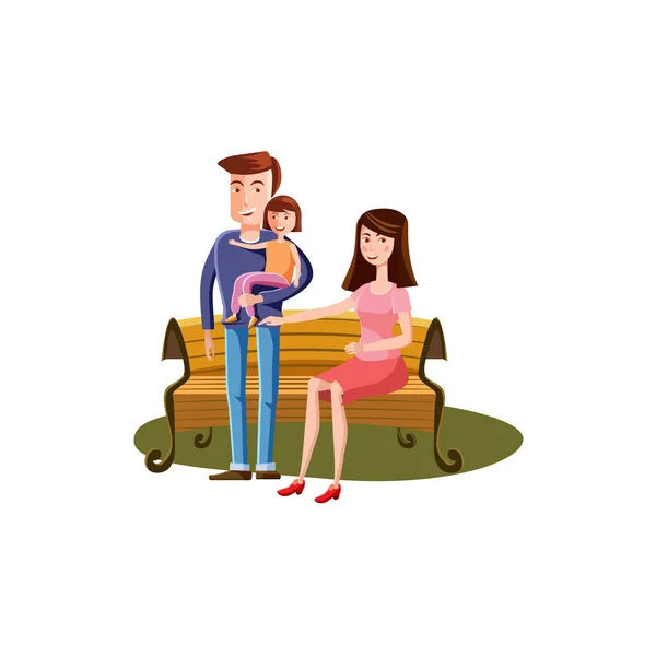 Joyeux famille sur le banc, maman, papa, fille sur les mains, vecteur, style dessin animé, bannière, illustration — Image vectorielle