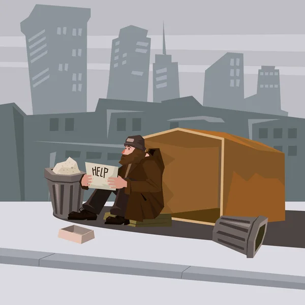 Hajléktalan szakállas, a kopott ruhát, háttér city, lakás, karton tartja kezében a jele, a Súgó, vektor, rajzfilm stílusú, banner, illusztráció — Stock Vector